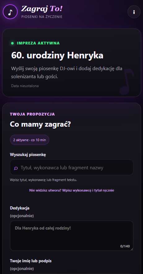 Zagraj To - ekran zgłaszania piosenek
